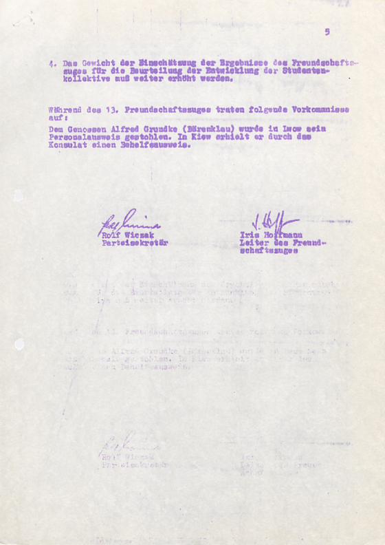 Dokument der FDJ-Schule am Bogensee, Reise von DDR in die UdSSR
