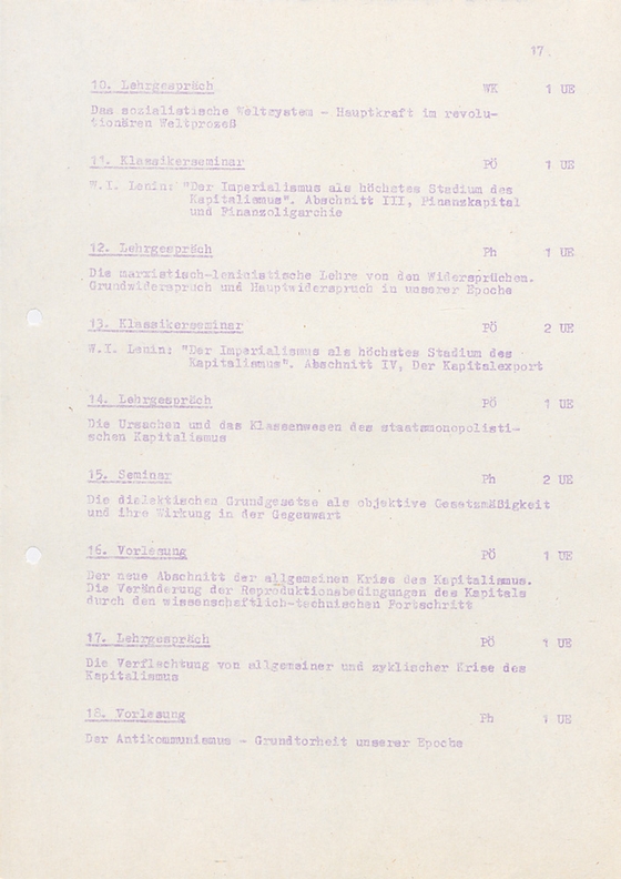Dokument zum FDJ-Lehrprogramm der Jugendhochschule am Bogensee zum DDR-Ende