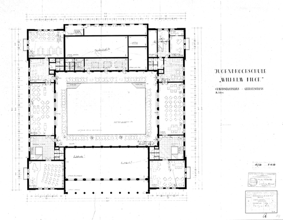 Grundrisszeichnung aus DDR, zeigt Kulturhaus der FDJ-Schule Bogensee