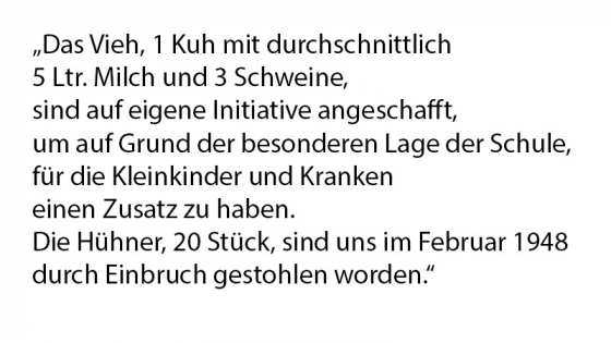 Text: „Das Vieh, 1 Kuh mit durchschnittlich 5 Ltr. Milch und 3 Schweine, sind auf eigene Initiative angeschafft, um auf Grund der besonderen Lage der Schule, für die Kleinkinder und Kranken einen Zusatz zu haben. Die Hühner, 20 Stück, sind uns im Februar