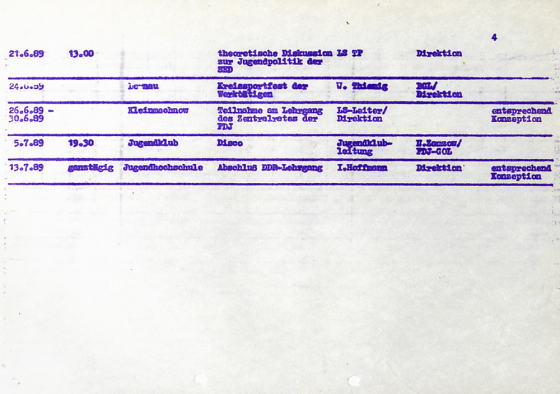 Tabelle mit Veranstaltungsdaten am Ende der DDR, Jugendhochschule am Bogensee