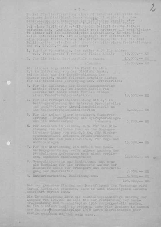 Schreibmaschinendokument zur Errichtung des Goebbels Blockhauses am Bogensee
