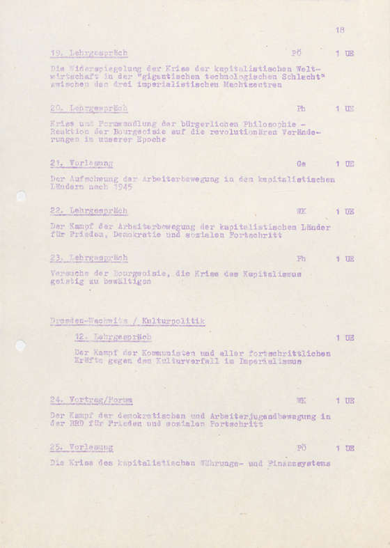 Dokument zum FDJ-Lehrprogramm der Jugendhochschule am Bogensee zum DDR-Ende