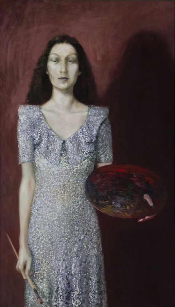 Christine Braun: Junge Frau, 1986, Museum Utopie und Alltag, © Christine Braun, Foto: Thomas Kläber,2022 Christine Braun: Junge Frau, 1986, Öl auf Hartfaser, 128x74 cm