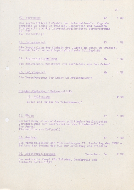 Dokument zum Lehrprogramm der FDJ-Schule Wilhelm Pieck am Bogensee zum Ende der DDR