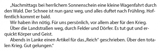 Text: Nachmittags bei herrlichem Sonnenschein eine kleine Wagenfahrt durch den Wald. Der Schnee ist nun ganz weg, und alles duftet nach Frühling. Hoffentlich kommt er bald. Wir haben ihn nötig. Für uns persönlich, vor allem aber für den Krieg. Über die