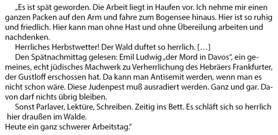 Text: Es ist spät geworden. Die Arbeit liegt im Haufen vor. Ich nehme mir einen ganzen Packen auf den Arm und fahre zum Bogensee hinaus. Hier ist so ruhig und friedlich. Hier kann man ohne Hast und ohne Übereilung arbeiten und nachdenken. Herrliches