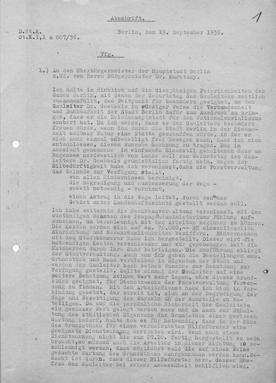 Schreibmaschinendokument über Goebbels Blockhaus am Bogensee