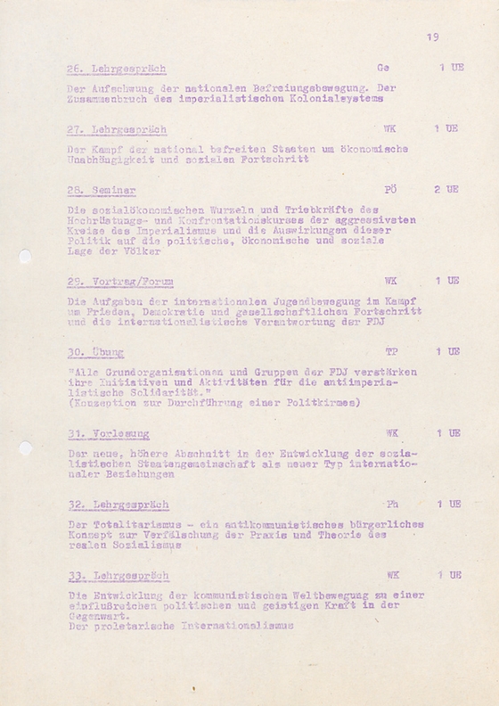 Dokument zum FDJ-Lehrprogramm der Hochschule am Bogensee am Ende der DDR
