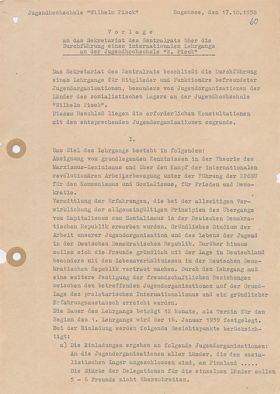 Dokument der FDJ-Schule "Wilhelm Pieck" am Bogensee
