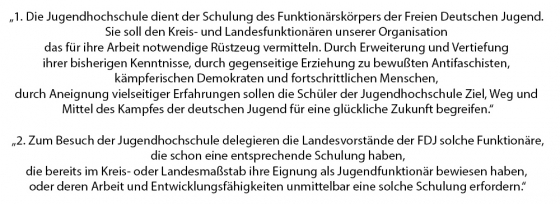 Text: 1. „Die Jugendhochschule dient der Schulung des Funktionärskörpers der Freien Deutschen Jugend. Sie soll den Kreis- und Landesfunktionären unserer Organisation das für ihre Arbeit notwendige Rüstzeug vermitteln. Durch Erweiterung und Vertiefung ihre