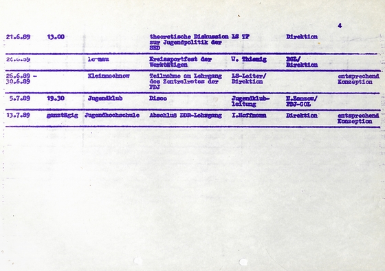 Tabelle mit Veranstaltungsdaten am Ende der DDR, Jugendhochschule am Bogensee