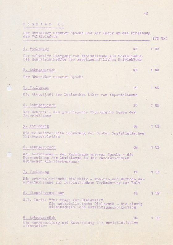 Dokument zum FDJ-Lehrprogramm der Jugendhochschule am Bogensee zum DDR-Ende