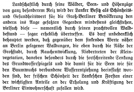 Text in Frakturschrift: Landwirtschaftlich durch seine Wälder, Seen- und Höhenzüge von ganz besonderem Reiz wird der Lanker Besitz als Schönheits- und Gesundheitswert für die Groß-Berliner Bevölkerung den andern ins Auge gefaßten Gegenden mindestens