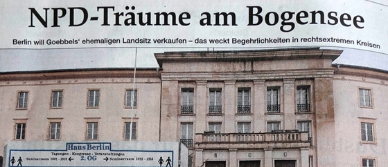 Zeitungsartikel, Foto FDJ-Lektionsgebäude, Schlagzeile NPD-Träume am Bogensee