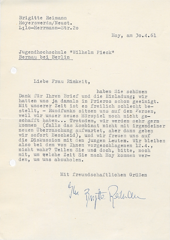 Brief Brigitte Reimann an FDJ-Hochschule Wilhelm Pieck am Bogensee