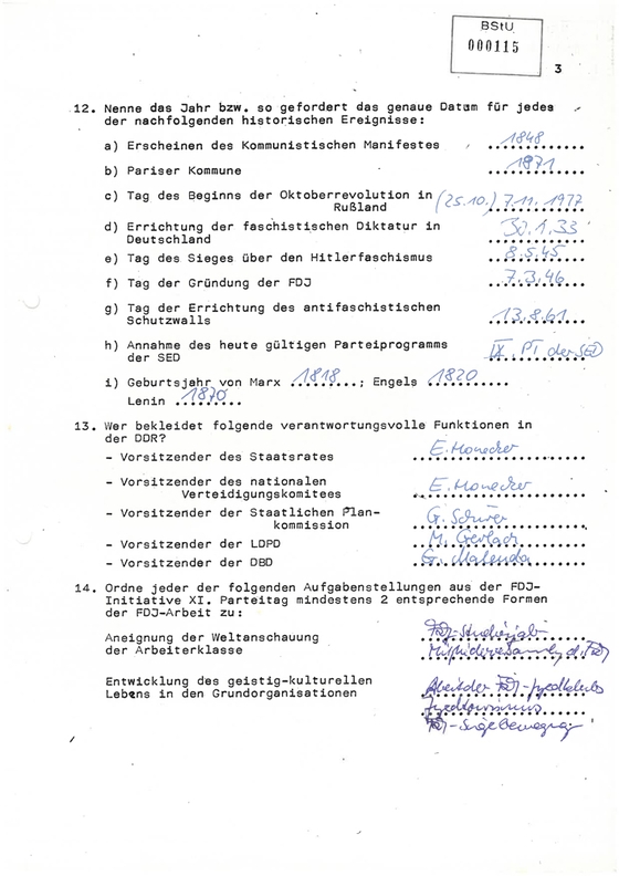 Fragebogen für FDJ-Studierende der Hochschule "Wilhelm Pieck" am Bogensee