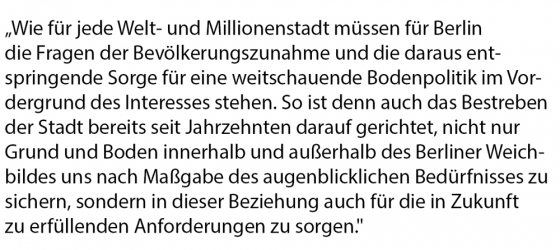 Text: Wie für jede Welt- und Millionenstadt müssen für Berlin die Fragen der Bevölkerungszunahme und die daraus entspringende Sorge für eine weitschauende Bodenpolitik im Vordergrund des Interesses stehen. So ist denn auch das Bestreben der Stadt bereits