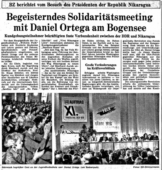 Zeitungsartikel über DDR-Nicaragua-Treffen in FDJ-Schule am Bogensee