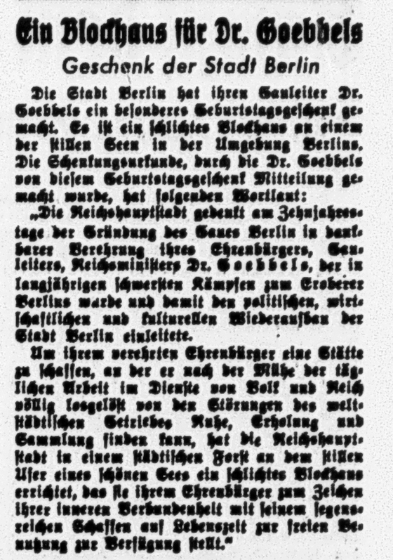 NSDAP-Zeitung Der Angriff über Joseph Goebbels' Blockhaus am Bogensee